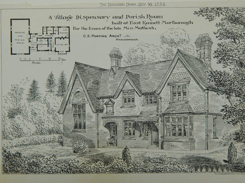 Village Dispensary & Parish Room, East Kennet, UK, 1884, Original Plan. C.E. Ponting.