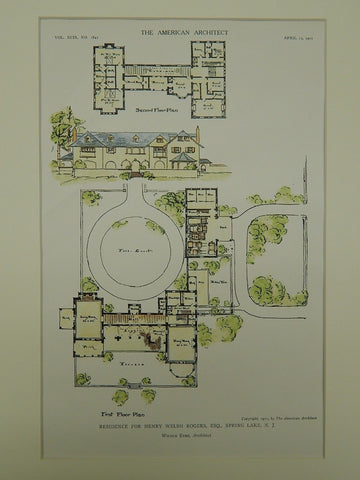 Residence for Henry Welsh Rogers, Esq. in Spring Lake NJ, 1911. Wilson Eyre