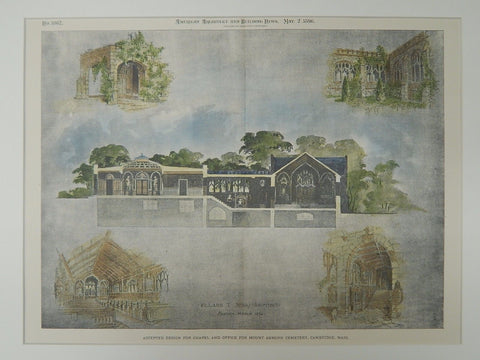 Design, Chapel and Office, Mount Auburn Cemetery, Cambridge, MA, 1896. Original Plan. Willard T. Sears.