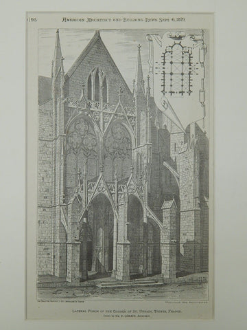 Porch of the Church of St. Urbain in Troyes, France, 1879. P. Lorain. Original