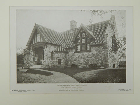 Whitney Memorial Library, Bolton, MA, 1906, Lithograph. Stone, Carpenter & Willson.