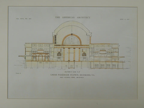 Section on Line, Union Passenger Station, Richmond, VA, 1919, Original Plan. John Russell Pope.