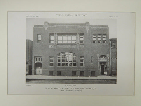 Main Elevation, Musical Arts Club, Walnut St, Philadelphia, PA, 1919, Lithograph. Price & McLanahan.