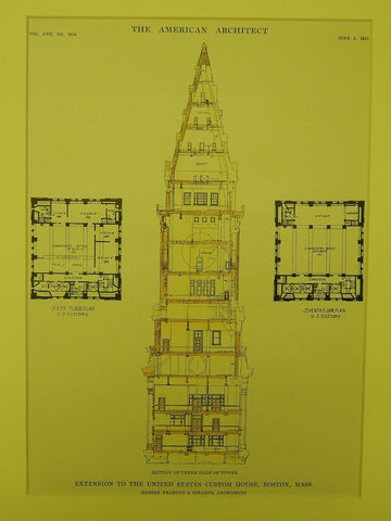 Upper Half of Tower, US Custom House, Boston, MA, 1915, Original Plan. Peabody & Stearns.