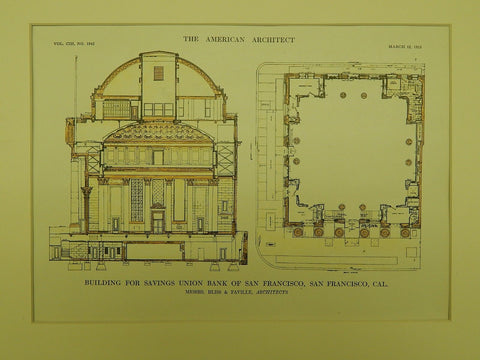 Savings Union Bank of San Francisco in San Francisco CA, 1913. Bliss & Faville. Original