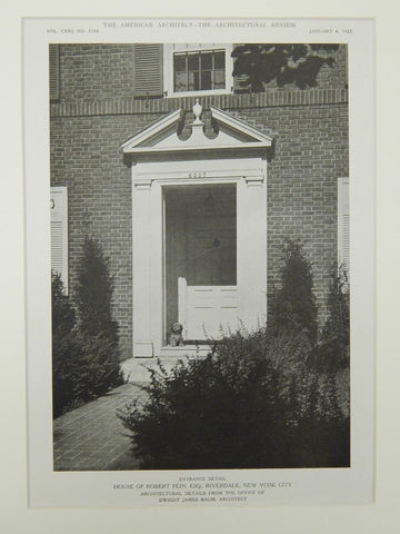 Entrance Detail, House of Robert Fein, Esq., Riverdale, NY, 1922, Lithograph. Dwight James Baum