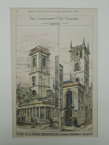 Tower of S. Dionis & Church of Allhallows, London England, 1877. Original