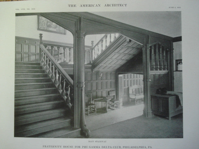 Main Stairway in the Fraternity House for Phi Gamma Delta Club , Philadelphia, PA, 1915, Messrs. Mellor & Meigs