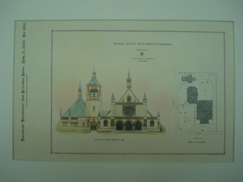 Drawing for the First Methodist Evangelical Church , Germantown, PA, 1896, Geo. T. Pearson
