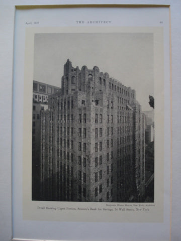 Detail Showing Upper Portion of the Seamen's Bank for Savings, 74 Wall Street , New York, NY, 1927, Benjamin Wistar Morris