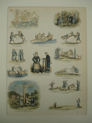 English Activities in the Middle Ages, showing horse-baiting, bird catching, bear-baiting and more, 1851, n/a