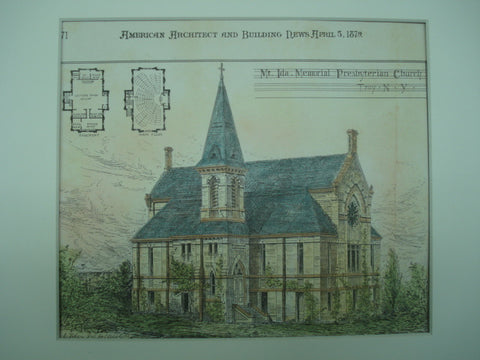 Mt. Ida Memorial Presbyterian Church in Troy, New York. M. F. Cummings. 1879. Original Plan