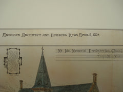 Mt. Ida Memorial Presbyterian Church in Troy, New York. M. F. Cummings. 1879. Original Plan