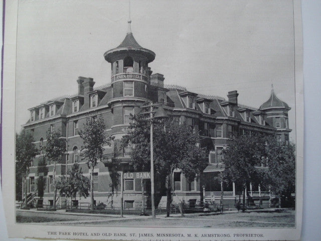 Park Hotel and Old Bank, proprietor: M.K. Armstrong, St. James, MN, 1903