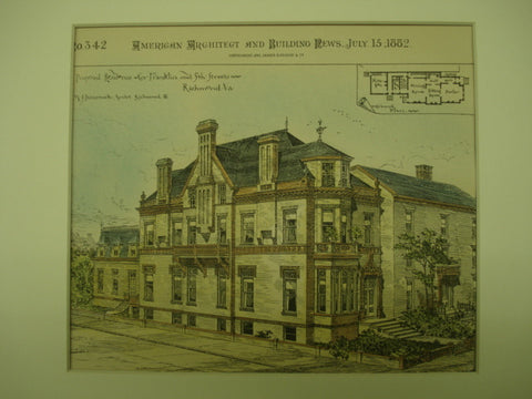 Proposed Residence on the Corner of Franklin and 5th Streets , Richmond, VA, 1882, M. J. Dimmock