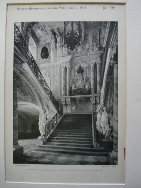 Lower Part of Staircase Hall in the Schloss, Bruhl-on-the-Rhine, Prussia, EUR, 1898, Neumann & Co