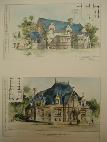 Designs for the Case Memorial Library, Auburn, NY, 1896, Edward A. Kent and Hobart A. Walker