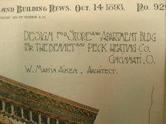 Design for the Store and Apartment Building for the Bennet and Peck Heating Company, Cincinnati, OH, 1893, W. Martin Aiken