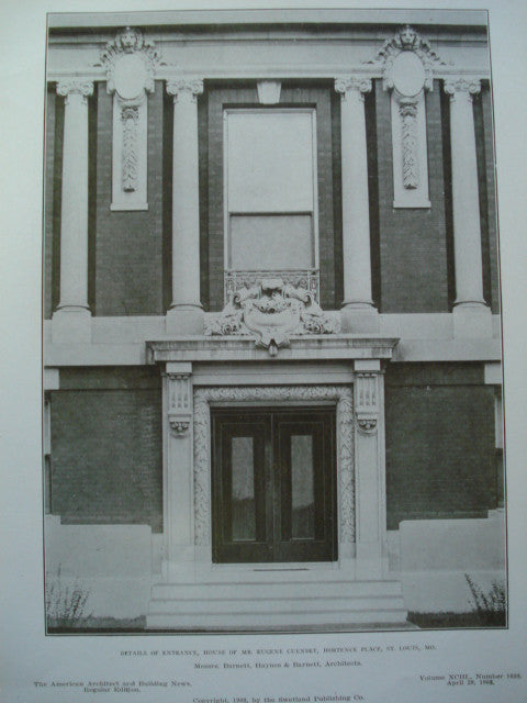 Entrance to the House of Mr. Eugene Cuendet , Hortence Place, St. Louis, MO, 1908, Messrs. Barnett, Haynes & Barnett