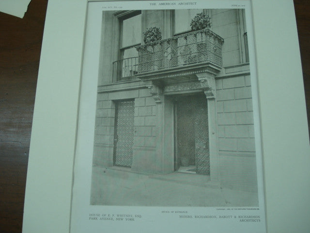 Entrance of the House of E. F. Whitney, Esq., New York, NY, 1909, Messrs. Richardson, Barott & Richardson