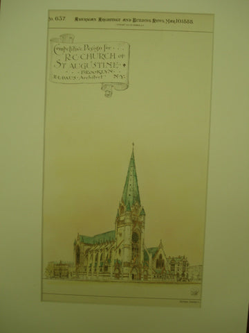 Competitive Design for the R. C. Church of St. Augustine, Brooklyn, NY, 1888, R. L. Daus