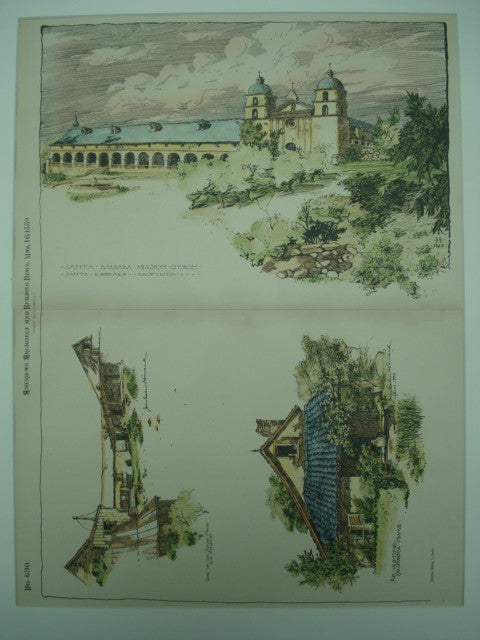 Santa Barbara Mission Church. Also includes two sketches of old California homes, Santa Barbara, CA, 1889, Unknown