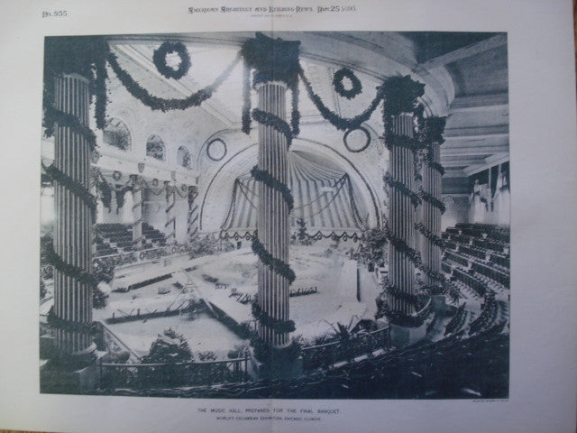 Music Hall, prepared for the final banquet for the World's Columbian Exhibition , Chicago, IL, 1893, Unknown