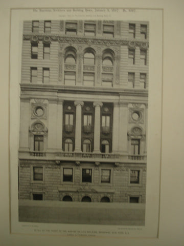 Front of the Manhattan Life Building on Broadway , New York, NY, 1897, Kimball & Thompson
