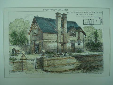 Stables to Malwood House for R. H. Say, Esq. , Balham Hill, England, UK, 1881, Arthur Cawston