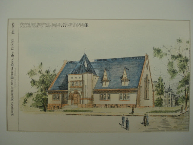 Sketch for Proposed Taylor Avenue Methodist Evangelical Church , St. Louis, MO, 1893, A. Blair Ridington