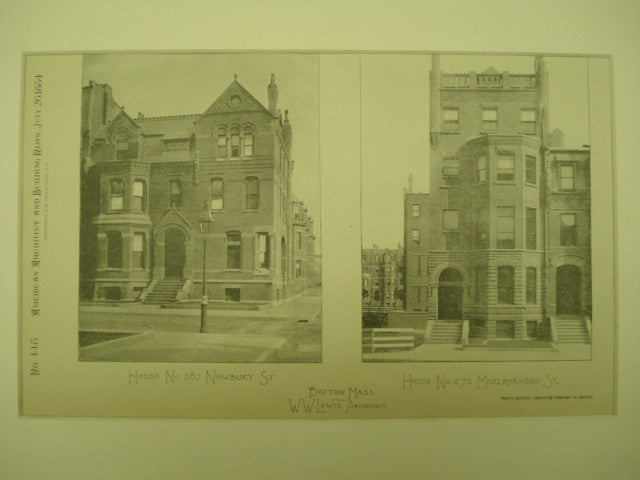 House No. 282 on Newbury St. and House No. 272 on Marlborough Street , Boston, MA, 1884, W. W. Lewis