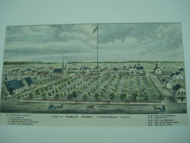 View of Public Park, Four Churches, Five Particular Residences noted in description, and the Land Office, Litchfield, MN, 1874, unknown