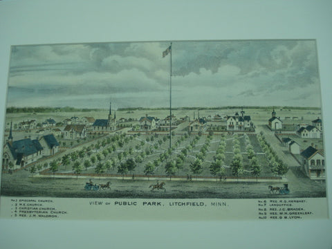 View of Public Park, Four Churches, Five Particular Residences noted in description, and the Land Office, Litchfield, MN, 1874, unknown