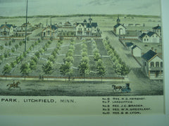 View of Public Park, Four Churches, Five Particular Residences noted in description, and the Land Office, Litchfield, MN, 1874, unknown