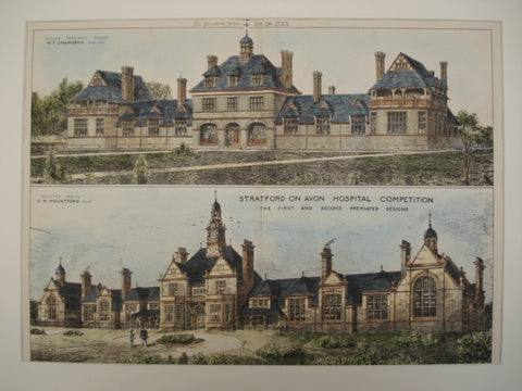 First and Second Premiated Designs for New Hospital, Stratford on Avon, Warwickshire, England, UK, 1883, W. F. Unsworth