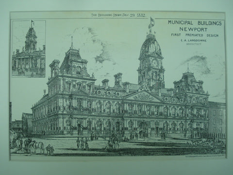 First Premiated Design of the Municipal Buildings , Newport, Wales, UK, 1882, E. A. Lansdowne