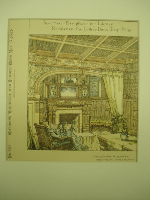 Recessed Fireplace in the Library of the Residence for Luther Dock, Esq. , Philadelphia, PA, 1883, Hazlehurst & Huckel