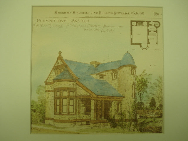 Perspective Sketch of the Office Building for Holyhood Cemetery , Brookline, MA, 1886, Thomas O'Grady, Jr.