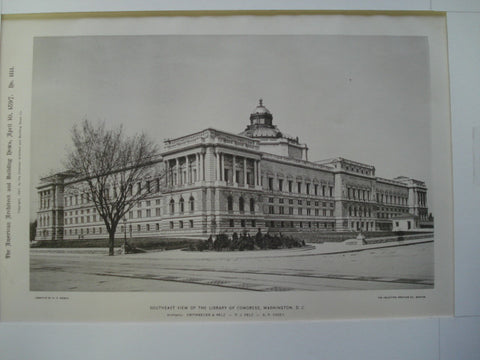 Southeast View of the Library of Congress, Washington, DC, 1897, Smithmeyer & Pelz: P.J. Pelz, E.P. Casey