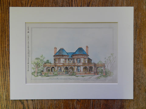 Residence, J J Mastin, Kansas City, MO, 1887, Original Hand Colored