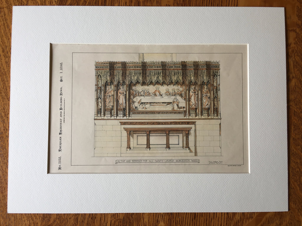 Altar & Reredos, All Saints Church, Worcester, MA, 1898, Original Hand Colored