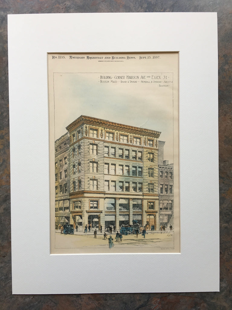 Building on Harrison Ave & Essex St, Boston, MA, 1897, Original Hand Colored