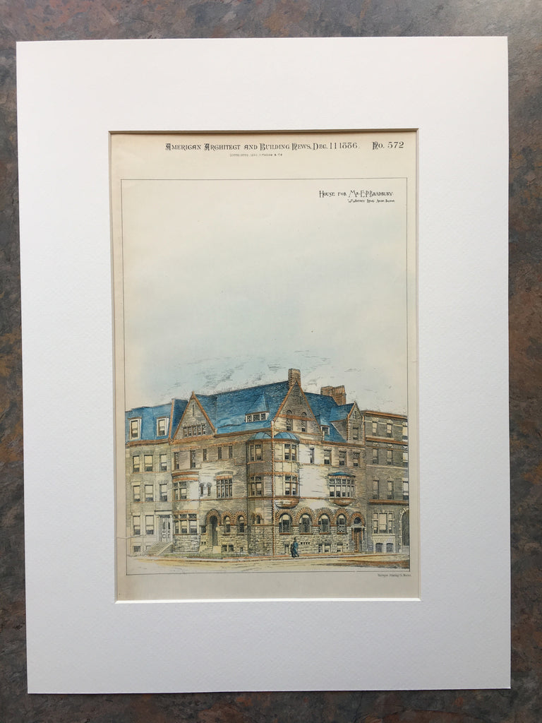 House for E P Bradbury, Marlborough St, Boston, MA, 1886, Original Hand Colored