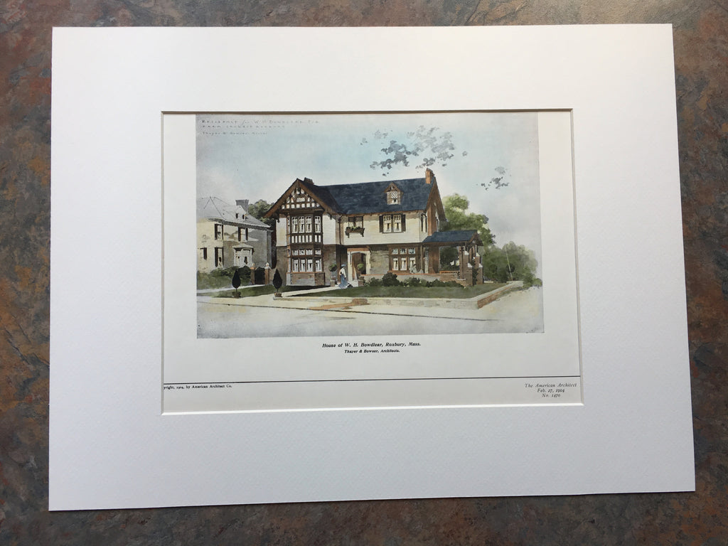 House, W H Bowdlear, Roxbury, MA, 1904, Original Hand Colored