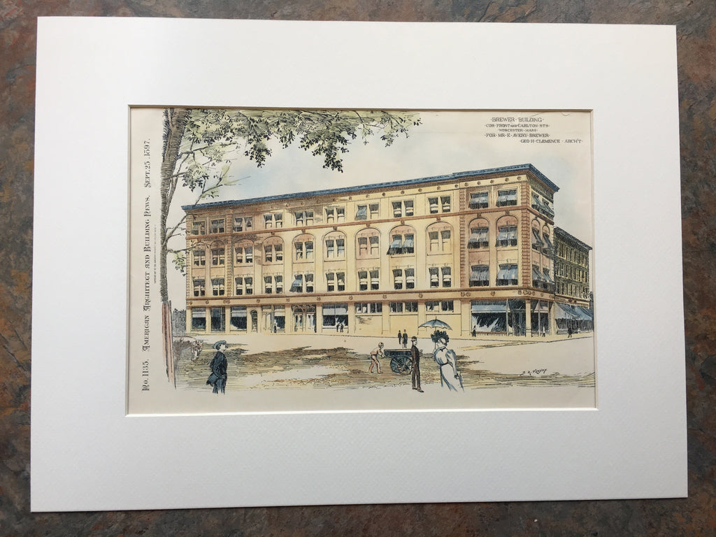 Brewer Building, Front and Carlton, Worcester, MA, 1897, Original Hand Colored