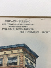 Brewer Building, Front and Carlton, Worcester, MA, 1897, Original Hand Colored