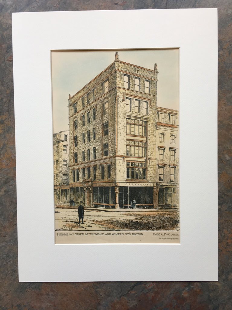 Building, Tremont & Winter Street, Boston, MA, 1888, Original Hand Colored