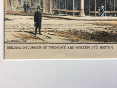 Building, Tremont & Winter Street, Boston, MA, 1888, Original Hand Colored