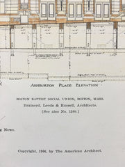 Boston Baptist Social Union, Elevation, Boston, MA, 1906, Original Hand Colored