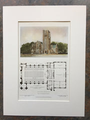 Baptist Church, Brookline, MA, 1908, J. A. Schweinfurth, Original, Hand Colored -